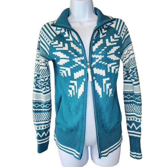 Athleta Vintage Doubleway Zip-Up Teal White Snowflake Sweater - Picture 2 of 8